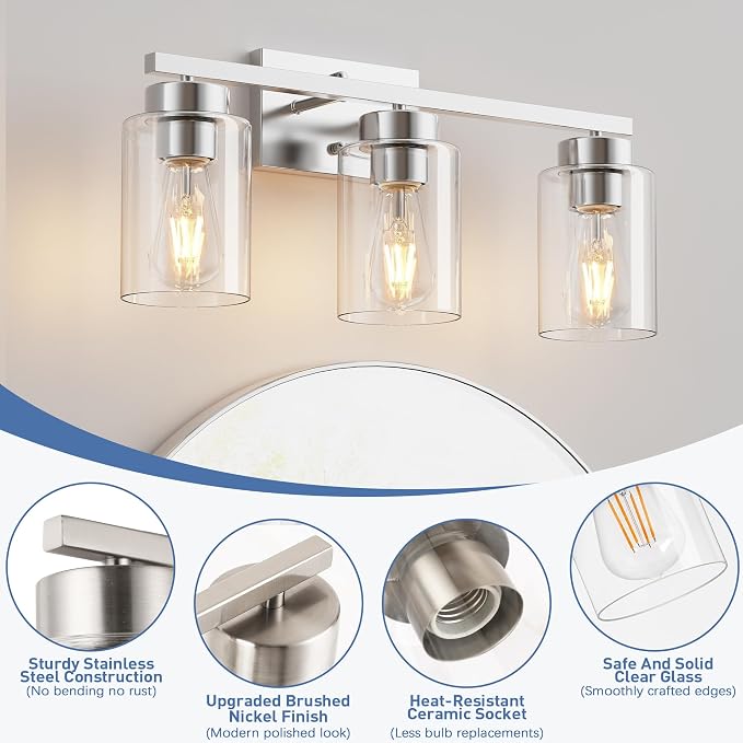 PARTPHONER 3-Light Bathroom Light Fixtures, Brushed Nickel Vanity Light - Image 4