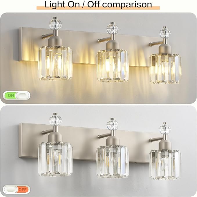 PRESDE 3-Light Crystal Bathroom Vanity Light, Brushed Nickel Bath Lighting Over - Image 6