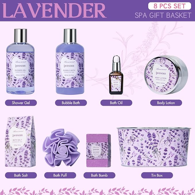 Bath Gift Baskets for Women, Lavender Relaxing Spa Gifts, Bath Spa Gift Basket - Image 2