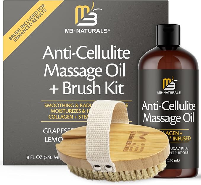 Anti Cellulite Massage Oil and Firm Dry Brush Kit | Collagen & Stem Cell Skin by M3Naturals