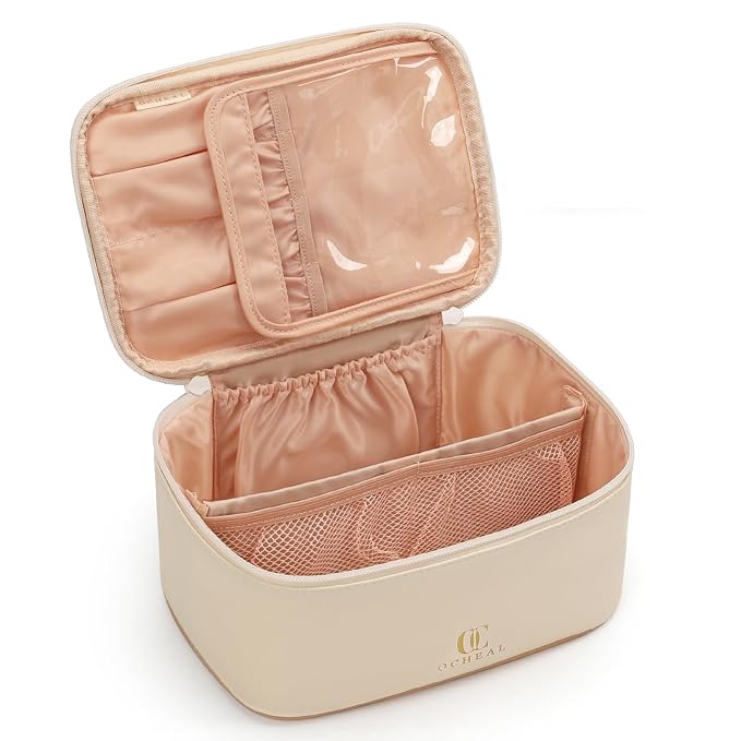 OCHEAL Beige Makeup Bag, Travel Makeup Organizer Bag, Large Capacity Cosmetic by OCHEAL