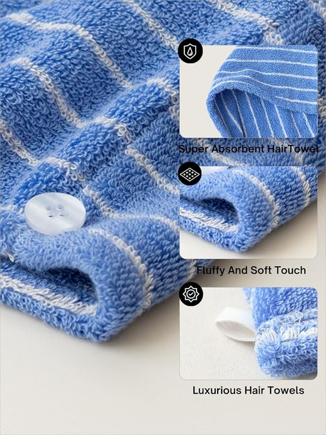WENSHUO Azure Holiday-Striped Hair Towel Wrap-Drying Tool, 100% Combed Cotton - Image 3