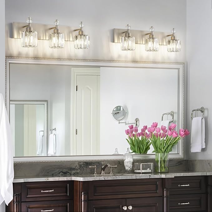 PRESDE 3-Light Crystal Bathroom Vanity Light, Brushed Nickel Bath Lighting Over - Image 2