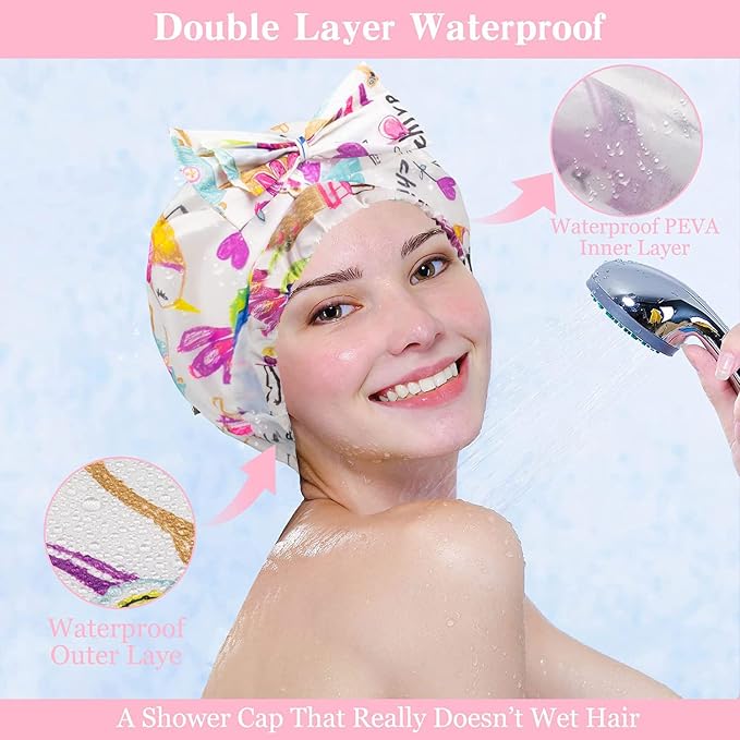 2 PCS Shower Caps, Reusable & Extra Large & Adjustable & Double Layer - Image 4