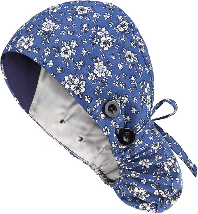 Satin Lined Scrub Caps with Buttons & Sweathand, Surgical Caps by Yuest