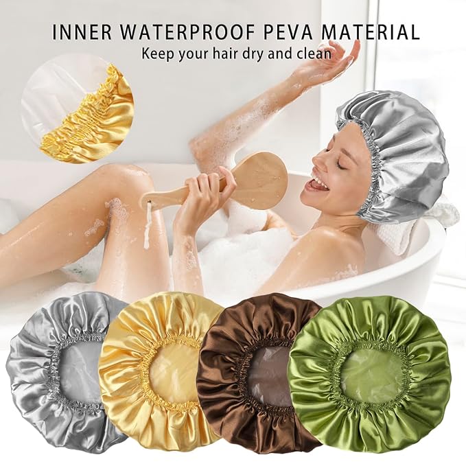 4 PCS Shower Cap for Women, Elastic and Reusable Bath Caps, Double Layers - Image 3