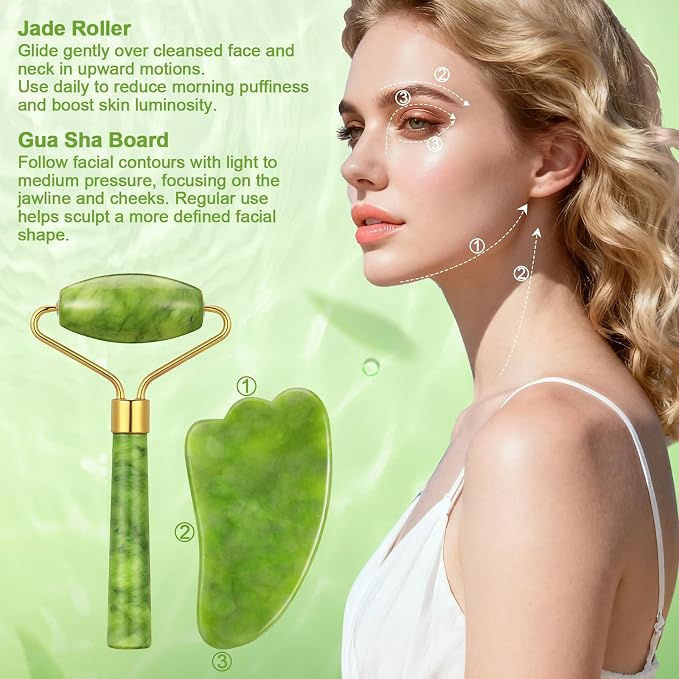 6Pcs Jade Roller for Face, Gua Sha Facial Tools for Women Natural Face Roller - Image 6