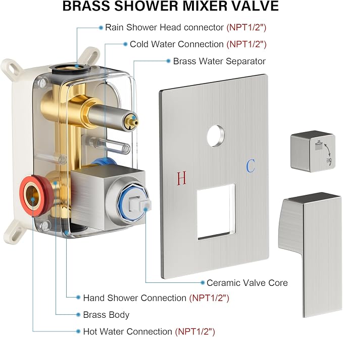 FPXRNG Shower Faucet Set Bathroom Square Rain Shower Head and Handle Set - Image 6