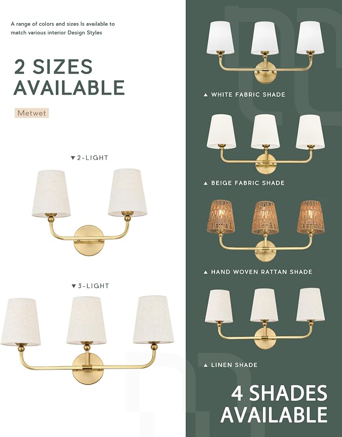 3-Light Bathroom Light Fixtures, Brushed Gold Vanity Lights - Image 8