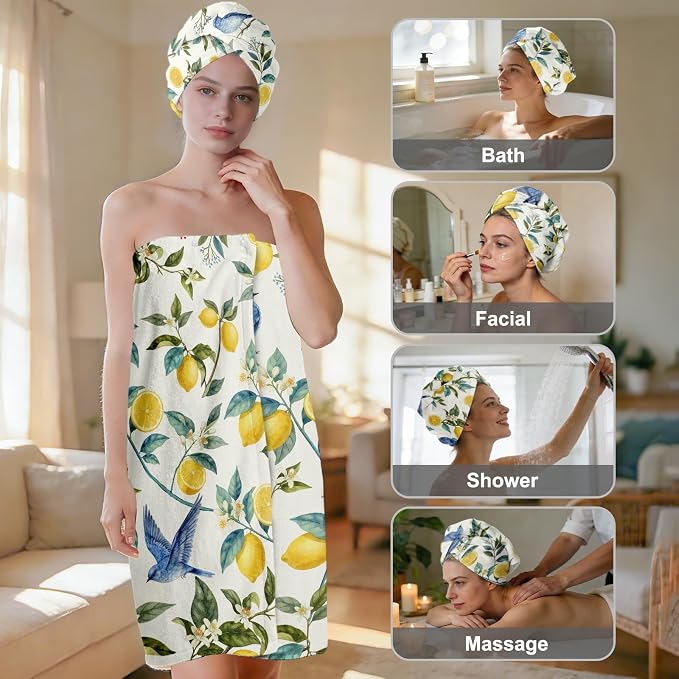 Absorbent Bath Towel Wrap Set for Women, Hummingbird Lemon Print Towel Wrap - Image 2