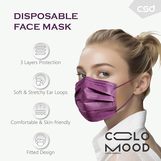CSD Colo 30 Pcs Purple Disposable Face Masks, 3 Ply Adult Mask - Image 3