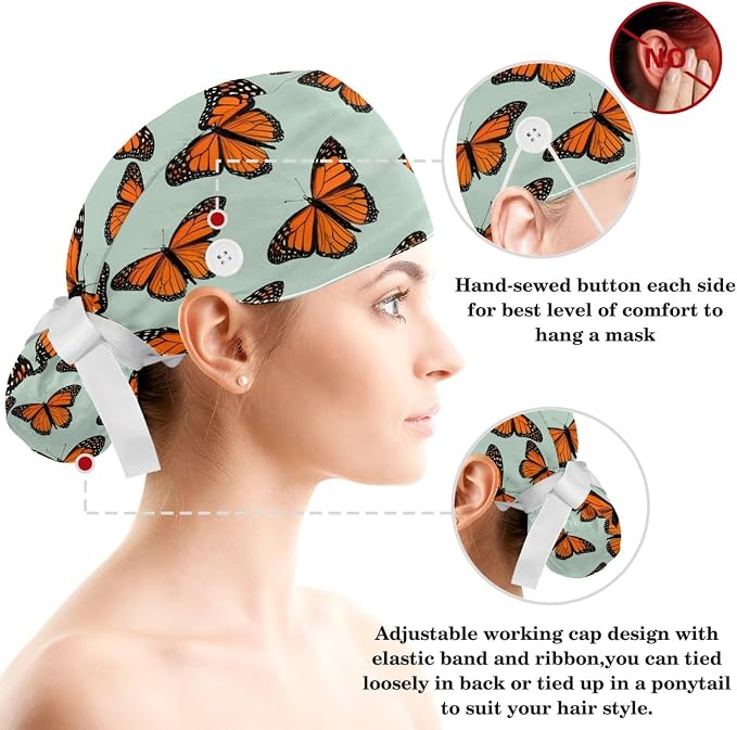 Scrub Caps Women Ponytail Cute Pink and White Leaves Caps Bouffant Working Hat - Image 3