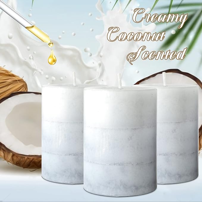Set of 3 Scented Pillar Candles Creamy Coconut Scented 3" x 4" Long-Lasting - Image 3