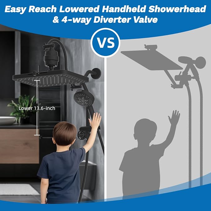 Hibbent 5-spray Dual Filtered Rainfall Shower Head Combo, High Pressure 13'' - Image 5