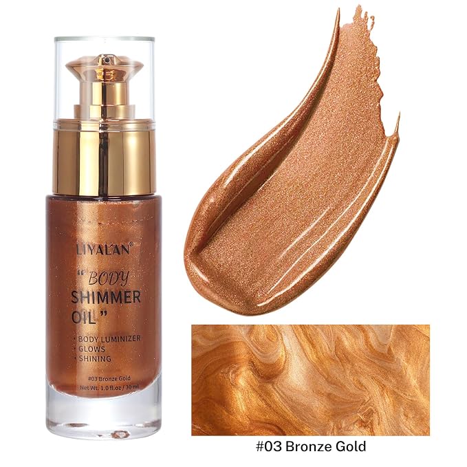 Liyalan Shimmer Body Oil Bronze Gold 1.0 fl.oz Face Glow Pearl Highlighter - Image 9