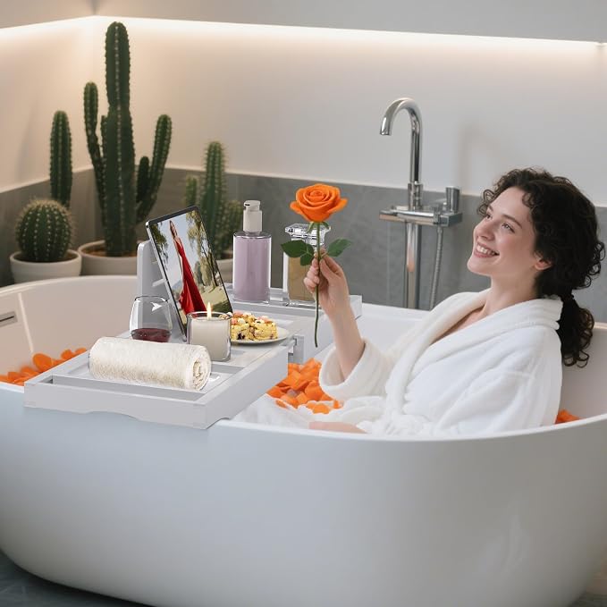 Bathtub Tray Caddy, Premium Bamboo Expandable Bath Tub Trays Table, Foldable - Image 7