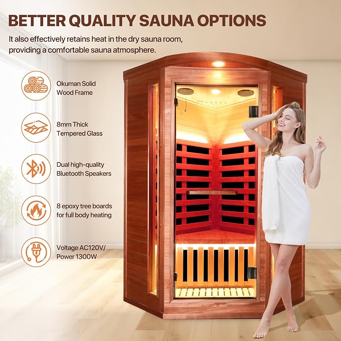 OUTEXER Corner Sauna for One Person Far Infrared Sauna Low-EMF African Mahogany - Image 5