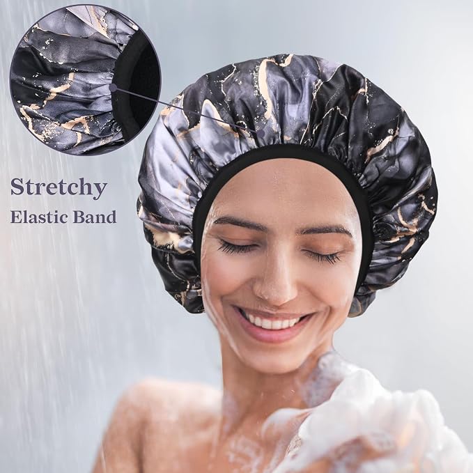 Black Marble Print Satin Shower Cap, Three-Layer Terry Cloth Lined, - Image 6