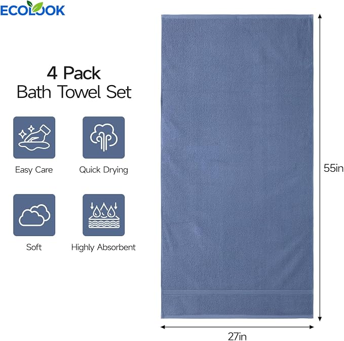ecolook Bath Towels Set of 4, 100% Cotton, 27 x 55 Inches, Quick-Drying & - Image 3