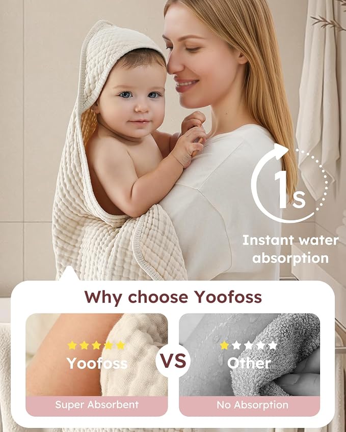 Yoofoss Hooded Baby Towels for Newborn 2 Pack 100% Muslin Organic Cotton Baby - Image 3