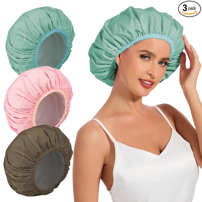 3Pcs Shower Cap for Women Reusable Waterproof, Bath Cap for Long Hair, by KAFTERI