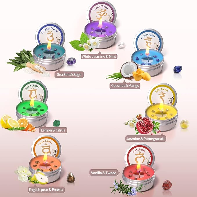 Inspireyes Chakra Candles Set of 7, Meditation Crystal Scented Candles Gift Set - Image 4
