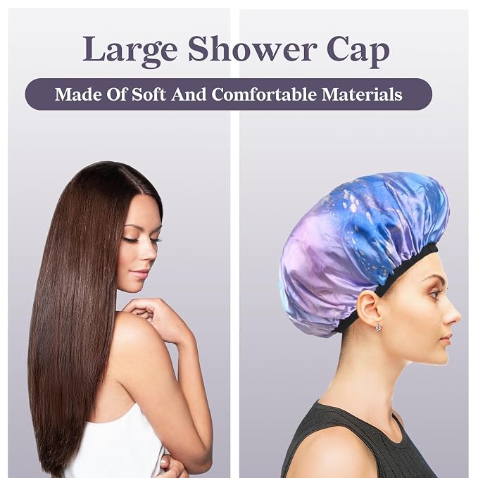 Purple Marble Print Satin Shower Cap, Three-Layer Terry Cloth Lined, - Image 7