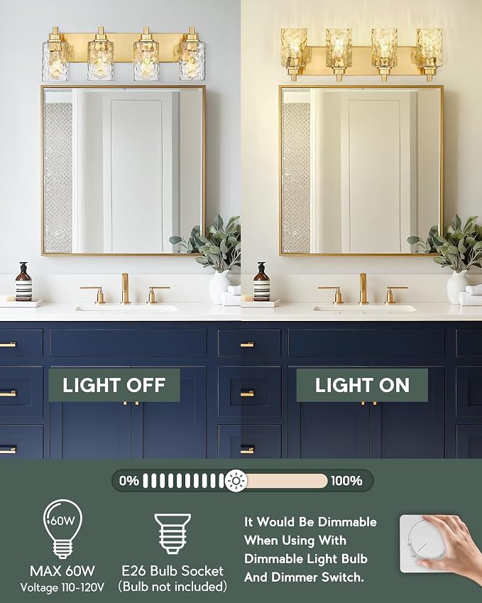 4-Light Bathroom Light Fixtures, 24.5 Inch Brushed Gold Vanity Lights - Image 6