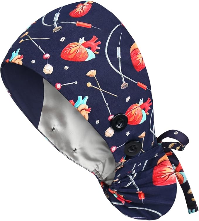 Satin Lined Scrub Caps with Buttons & Sweathand, Surgical Caps by Yuest
