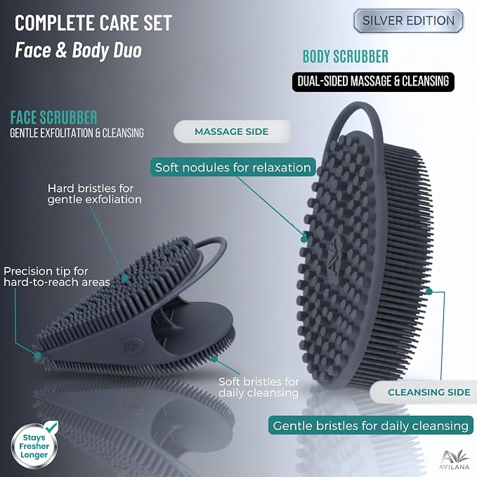 Avilana Silver Edition Body Scrubber and Face Brush Set - Image 4