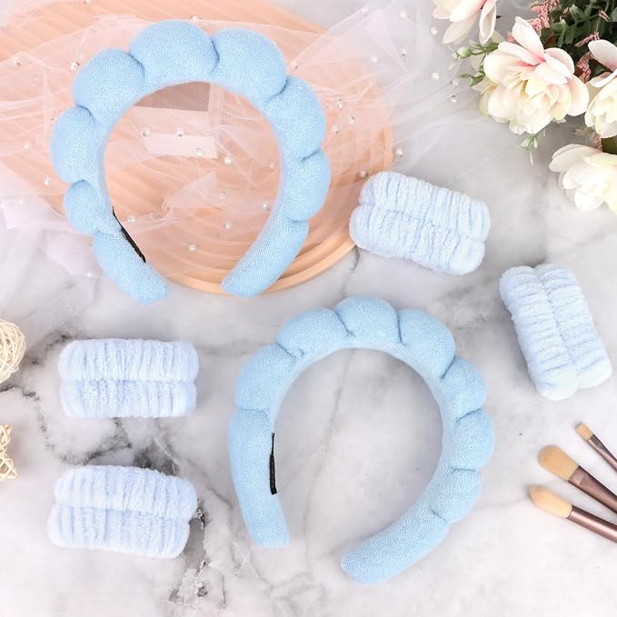 6Pcs Blue Spa Set, Skincare Wrist Washbands, Terry Cloth Headbands - Image 7