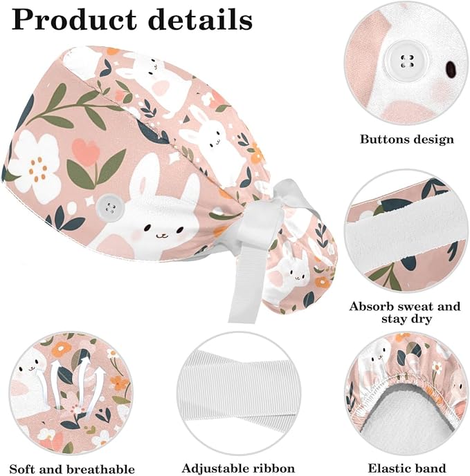 Scrub Caps Women Ponytail Cute Pink and White Leaves Caps Bouffant Working Hat - Image 4