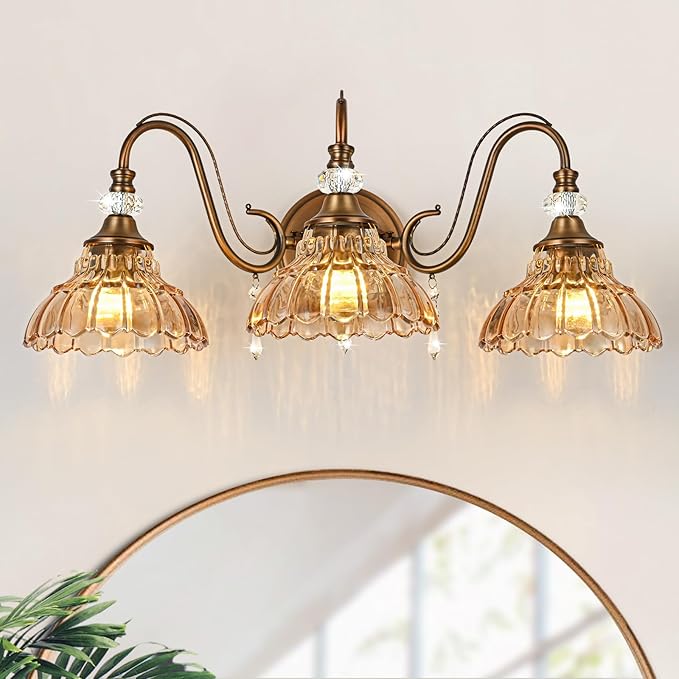 Vintage Bathroom Vanity Light, 3-Light Matte Antique Brass Finish Wall Sconce by Unknown