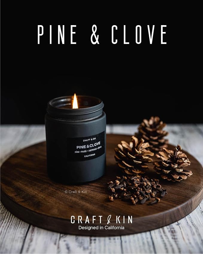 Craft & Kin Premium Pine & Clove Candle | Black Scented Candles - Image 2