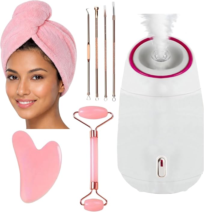 Facial Steamer, Complete Home Spa Set – Jade Roller, Gua Sha, Microfiber Hair by Safkim