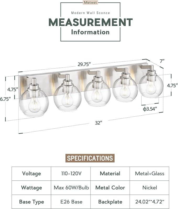 Bathroom Light Fixtures, 5 Light Brushed Nickel Vanity Light, 32 Inch Modern - Image 2