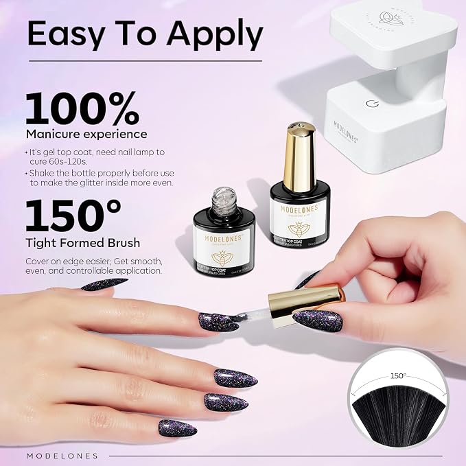modelones Glitter Gel Nail Polish Top Coat, Rainbow Confetti Gel Top Coat - Image 6