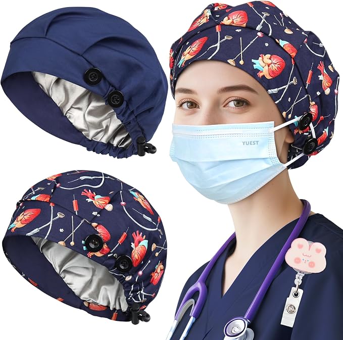 2 Pack Satin Lined Bouffant Scrub Caps by Yuest