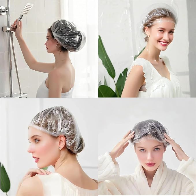 100PCS Disposable Shower Caps, Plastic Clear Hair Cap Large Thick Waterproof - Image 5