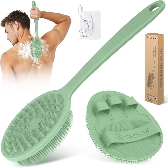 Silicone Back Scrubber & Bath Glove Set 2PCS, 13.4'' Gentle Shower Back Scrubber by GEENOA