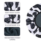 Black Cow Print Satin Shower Cap, Three-Layer Terry Cloth Lined, - Image 3