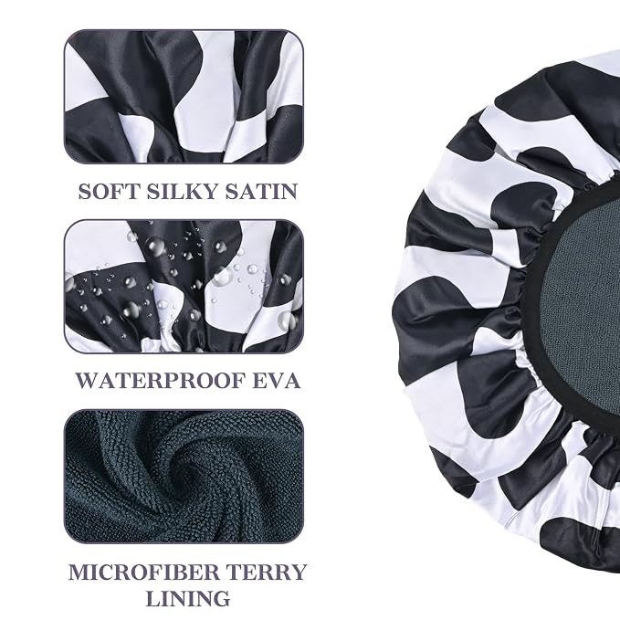 Black Cow Print Satin Shower Cap, Three-Layer Terry Cloth Lined, - Image 3