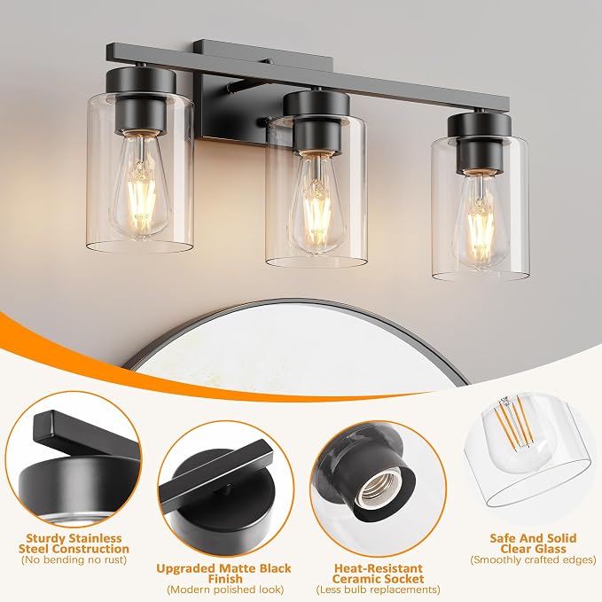 PARTPHONER 3-Light Bathroom Light Fixtures, Matte Black Vanity Light - Image 4