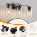 PARTPHONER 3-Light Bathroom Light Fixtures, Matte Black Vanity Light - Image 4