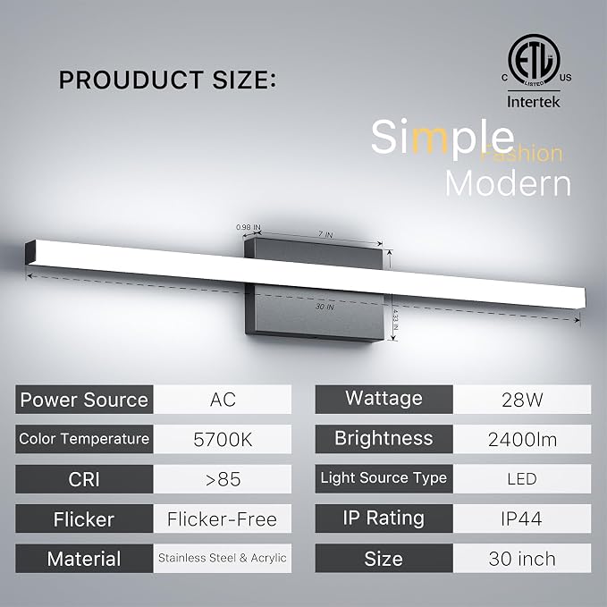 30Inch LED Bathroom Vanity Light Bar 5700K Dimmable Led Bathroom Light Over - Image 2