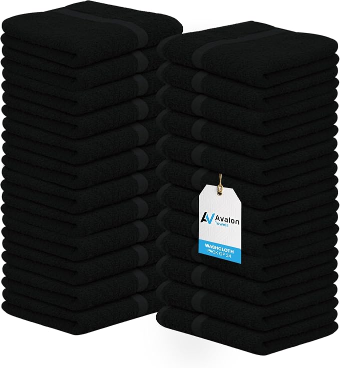 Avalon Towels Cotton Washcloths 24-Pack – 12 x 12 Inch Black Super Soft & by AvalonTowels