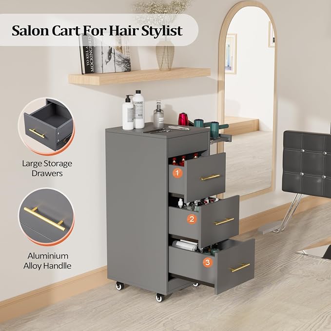 Salon Trolley Cart with Wheels, 3-Drawer Rolling Hair Styling Station, Mobile - Image 2