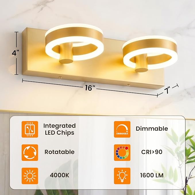 LED Bathroom Light Fixtures, 15inch Gold Vanity Lights, Modern 2 Light Acrylic - Image 2