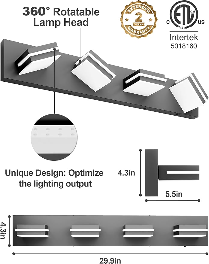 VOLISUN Modern 30-Inch 4-Light Black LED Bathroom Vanity Light Fixtures Over - Image 6