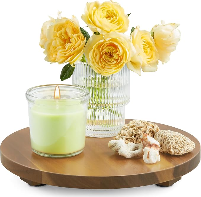 Small Round Decorative Tray Acacia Wood Bathroom Counter Organizer Pedestal by Unknown